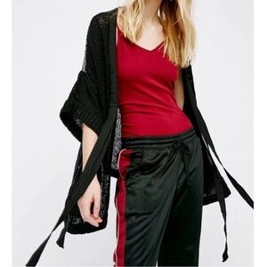 Free People Black Oversized Open Knit Tie Waist Kimono Short Sleeve Cardigan XS